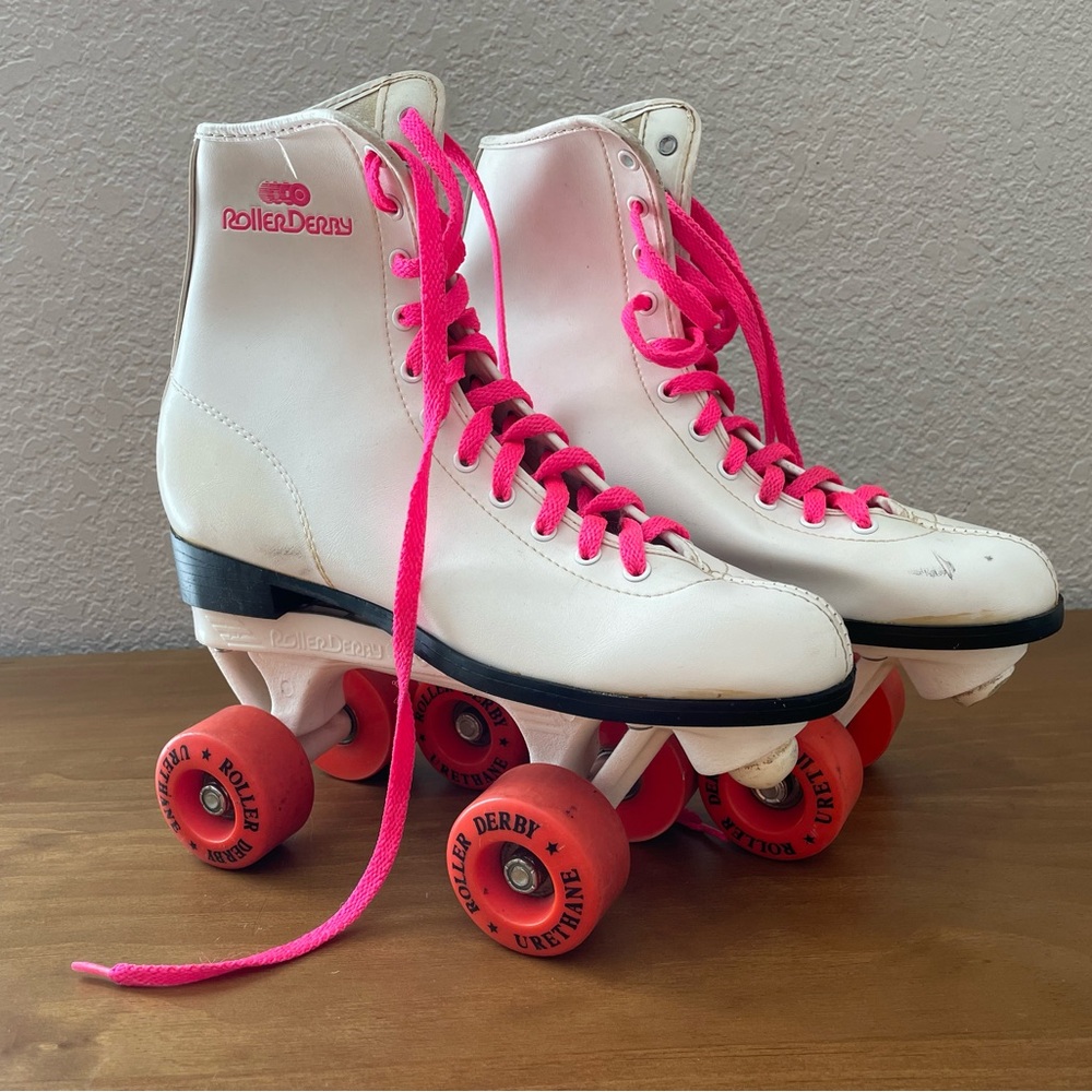 Vintage Roller Derby White and Pink Roller Skates